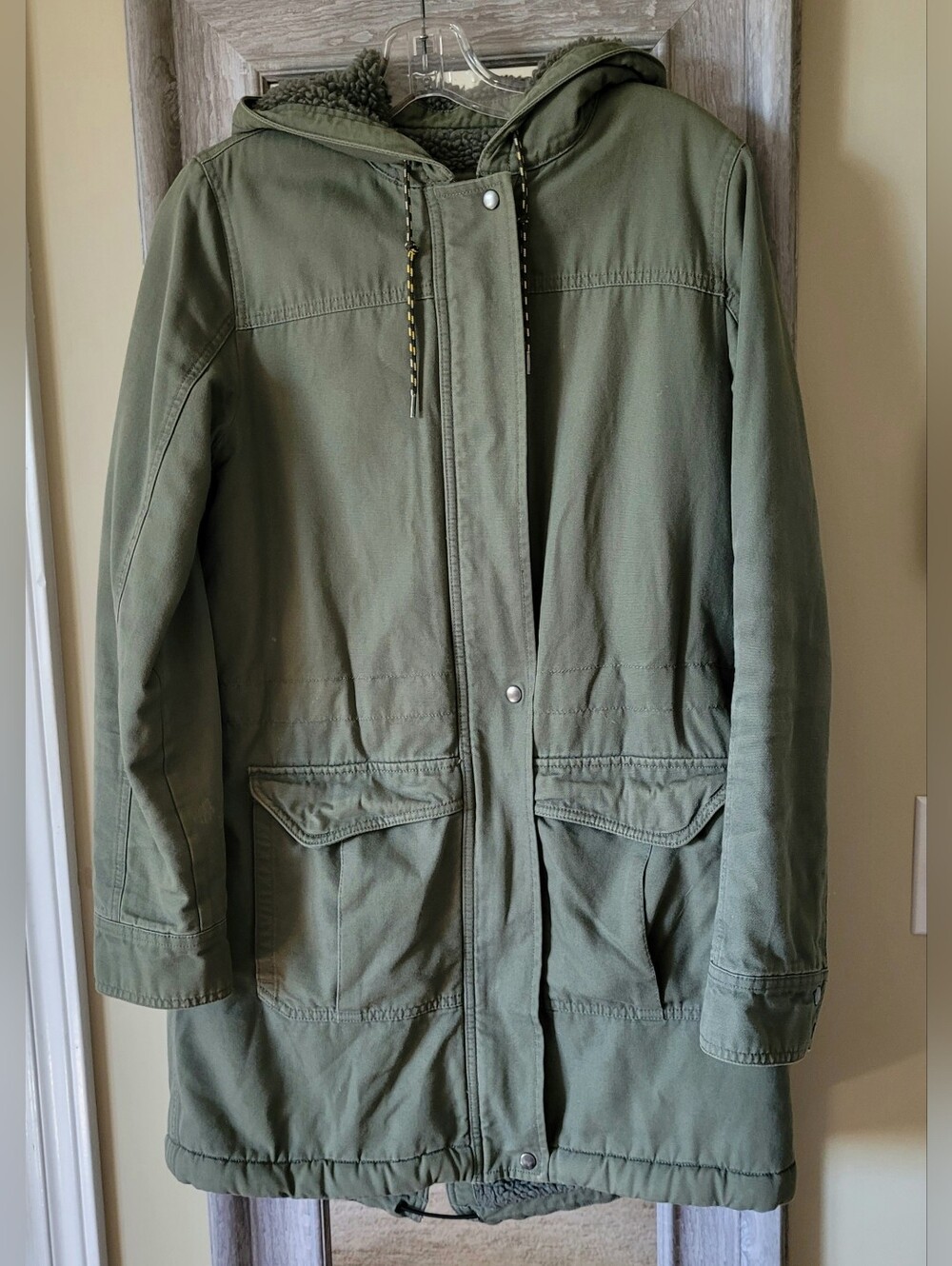 PATAGONIA INSULATED COTTON CANVAS PARKA HOODED CHORE COAT SHERPA GREEN SMALL